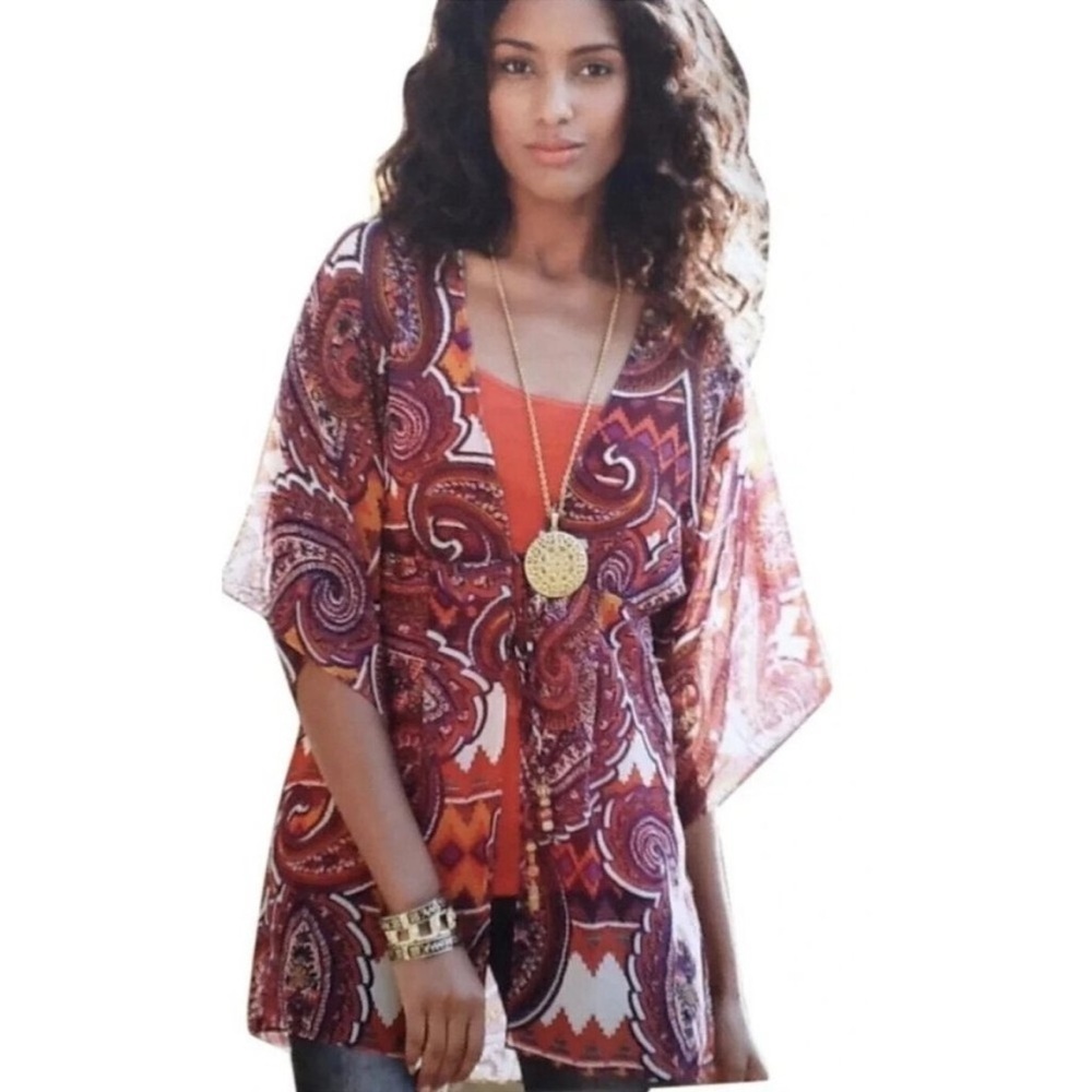 Cabi Epic Tunic Style 841 Tie Front Paisley Kimono sheer Cover Up Small y2K